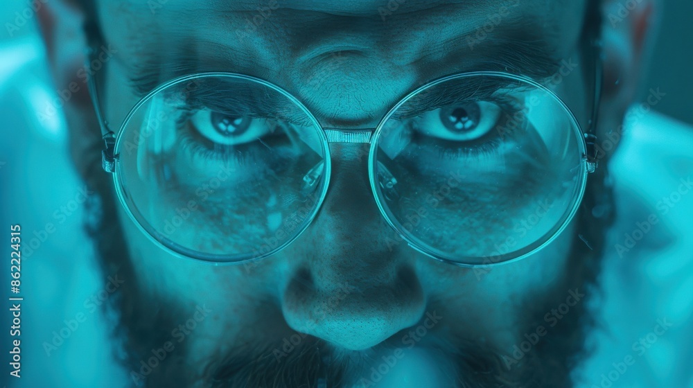 Close-up view of a man with glasses in blue lighting, demonstrating intense focus and concentration. Close-up view of a man with glasses in blue lighting, demonstrating intense focus and concentration.