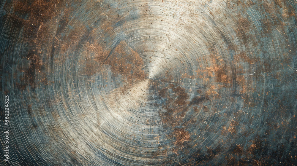 Fototapeta premium Close-up view of a textured metal surface with circular patterns and rust spots, providing a rustic and industrial background.