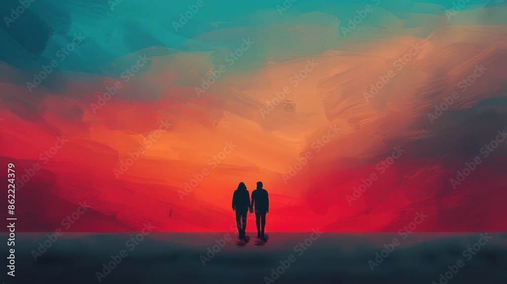 Couple standing against a vibrant, colorful sky at sunset. The scene highlights romance, tranquility, and the beauty of nature. Couple standing against a vibrant, colorful sky at sunset. The scene highlights romance, tranquility, and the beauty of nature.