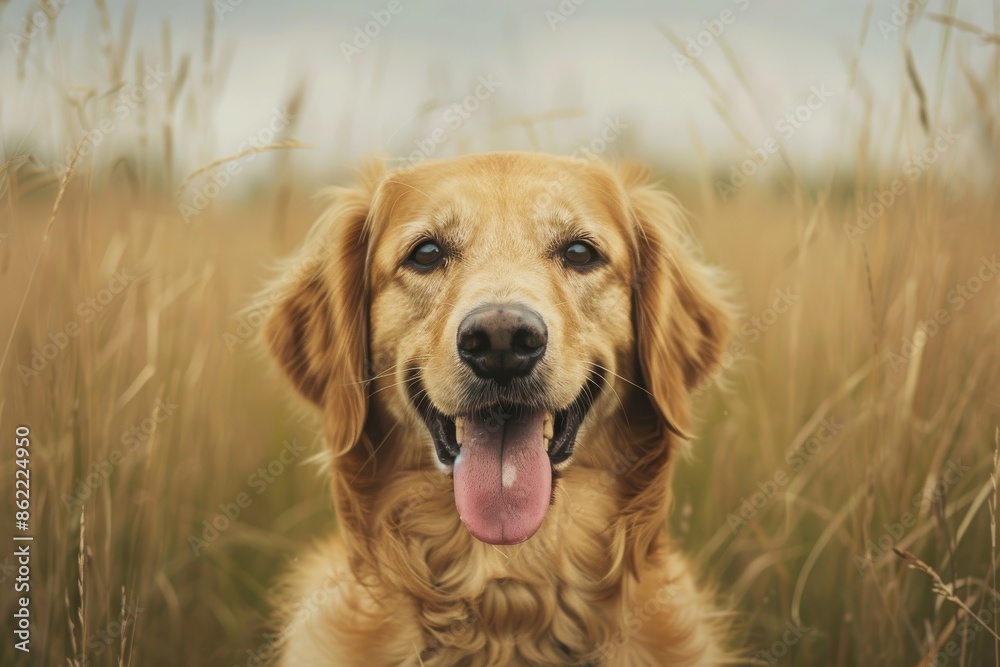Obraz premium Golden retriever dog with a happy expression, sitting in a field of tall grasses, with a blurred background and clear sky.
