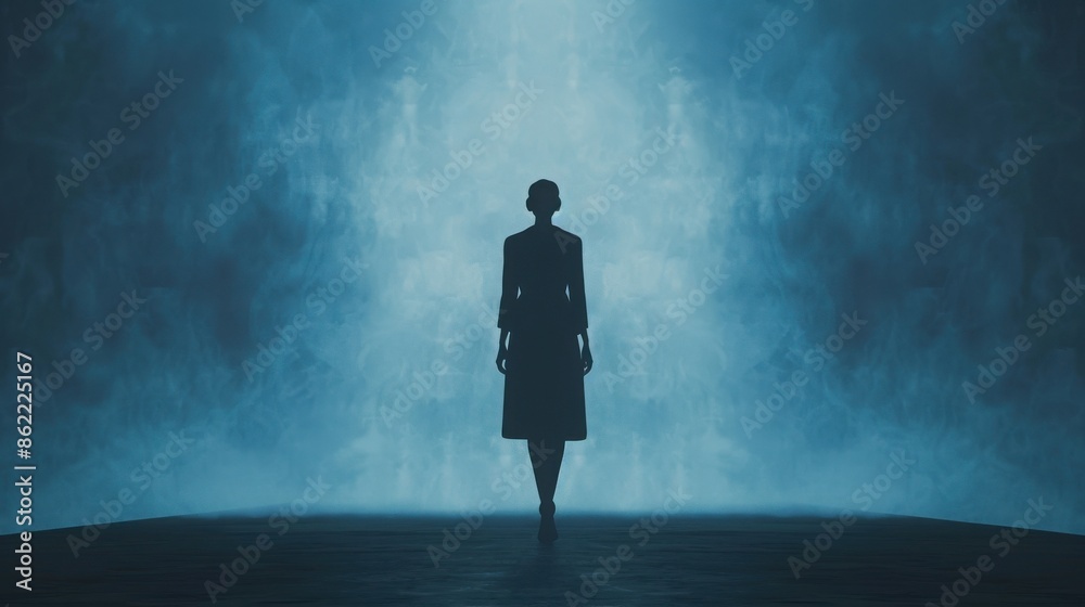Fototapeta premium Mystical silhouette of a person standing alone in a foggy, blue-tinged environment, exuding a sense of mystery and solitude.