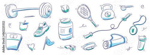 Sport gym sketch health icon set. Hand drawn sketch doodle healthy sport, gym fit exercise equipment icon.Doodle hand drawn tennis ball, bottle, dumbbell fit equipment. Vector illustration.