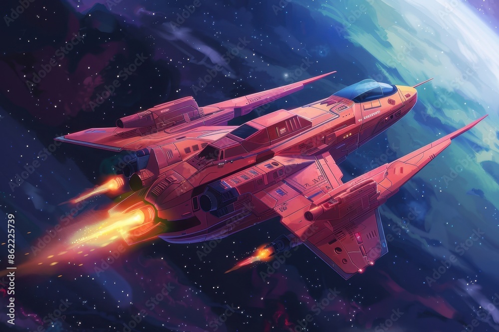 Obraz premium Red Spacecraft in Flight