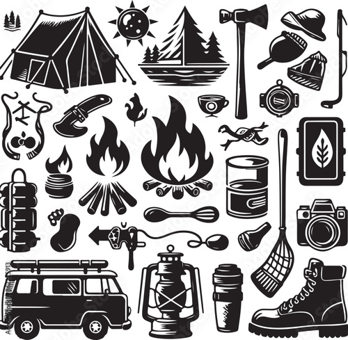 Vintage camping and outdoor adventure Hiking Tool Set elements flat silhouette style collection