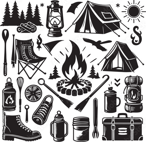 Vintage camping and outdoor adventure Hiking Tool Set elements flat silhouette style collection