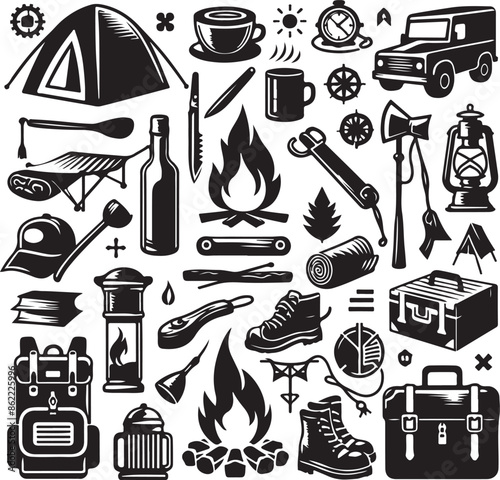 Vintage camping and outdoor adventure Hiking Tool Set elements flat silhouette style collection