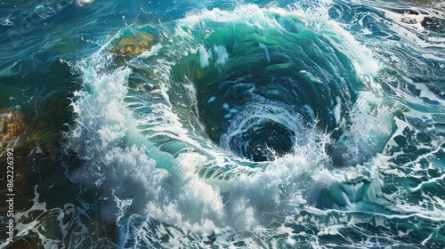 A vortex of seawater waves swirling in a mesmerizing display of natural fluid dynamics