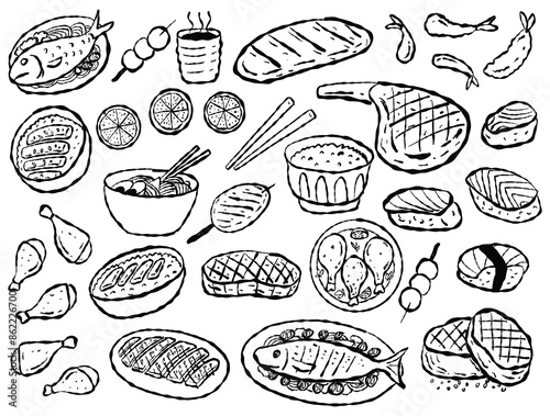 Set of Sketchy Hand Drawn Japanese Food Doodle Background
