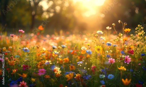 Vibrant wildflower meadow bathed in golden sunlight, offering a cheerful and lively backdrop © Lucky Ai