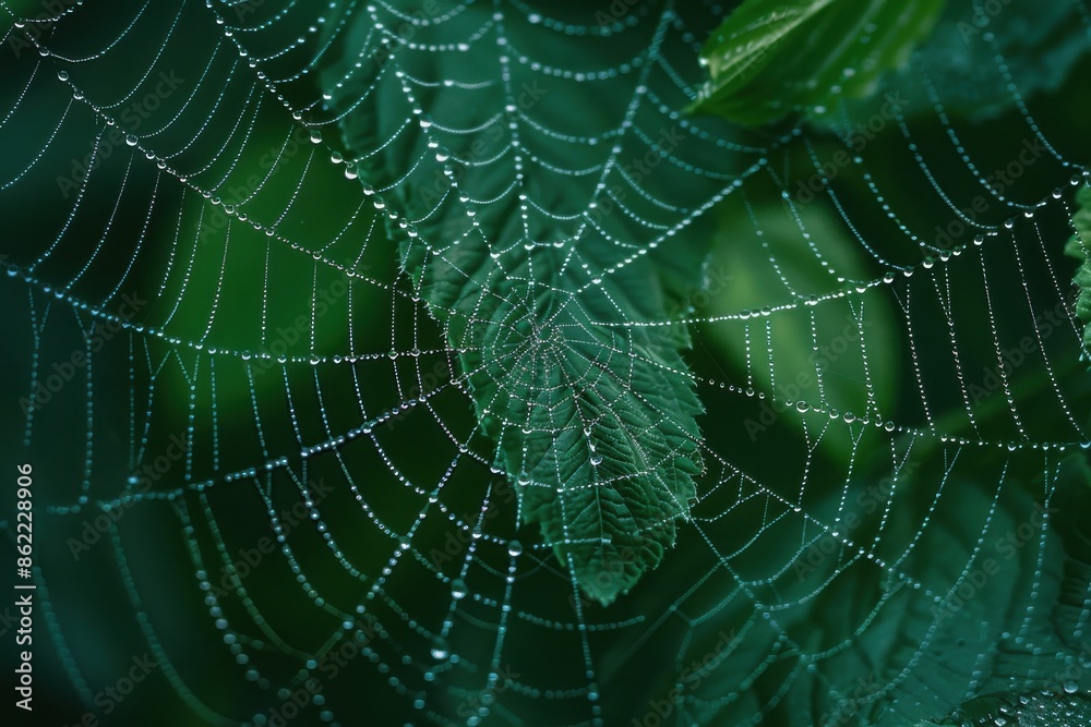 Close-up of a beautiful spider web covered in morning dew against a lush green background, showcasing the intricate details of nature. Close-up of a beautiful spider web covered in morning dew against a lush green background, showcasing the intricate details of nature.
