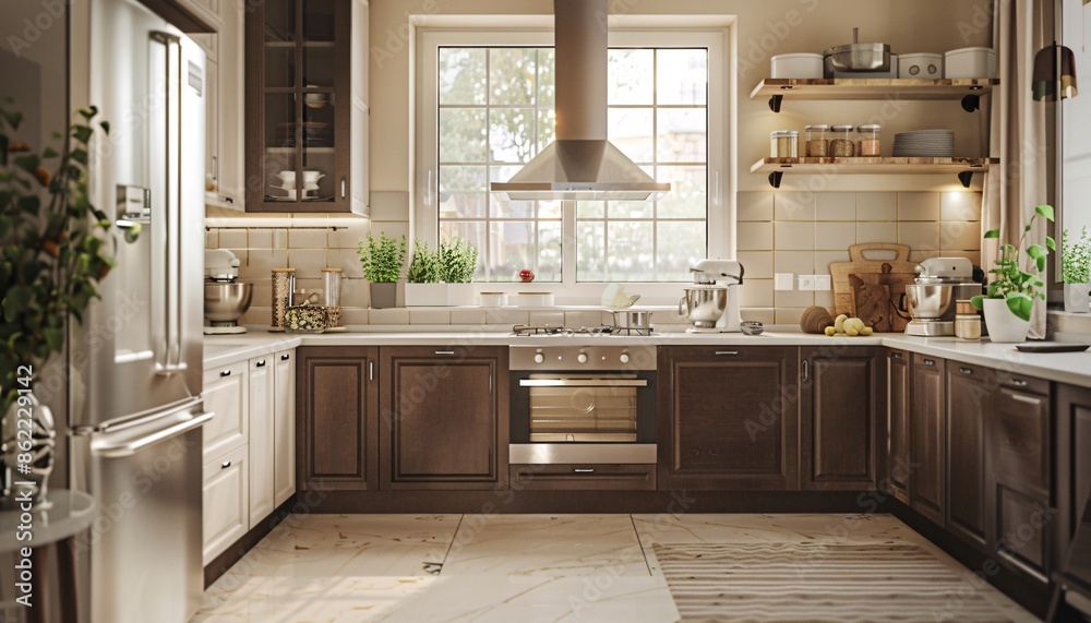 Elegant kitchen with natural light and modern appliances. Elegant kitchen with natural light and modern appliances.