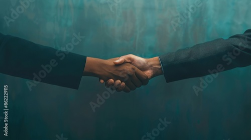 Close-up of two people shaking hands, symbolizing partnership, agreement, and cooperation against a dark, textured background. photo