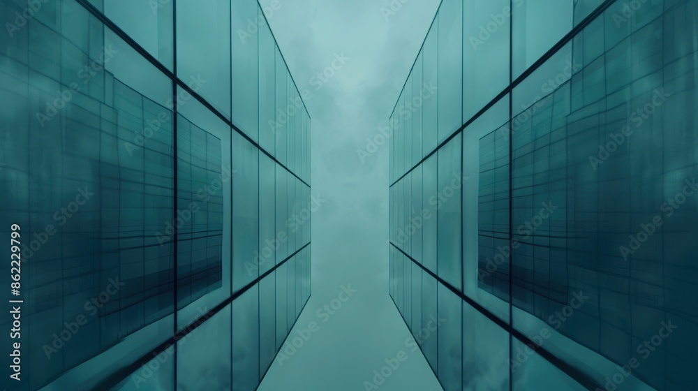 Modern architectural design featuring symmetrical glass buildings with reflective surfaces creating a futuristic and minimalist cityscape. Modern architectural design featuring symmetrical glass buildings with reflective surfaces creating a futuristic and minimalist cityscape.