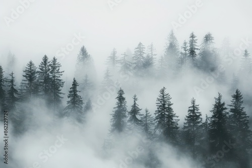Misty pine forest with tall trees emerging through dense fog, creating a mystical and serene atmosphere.