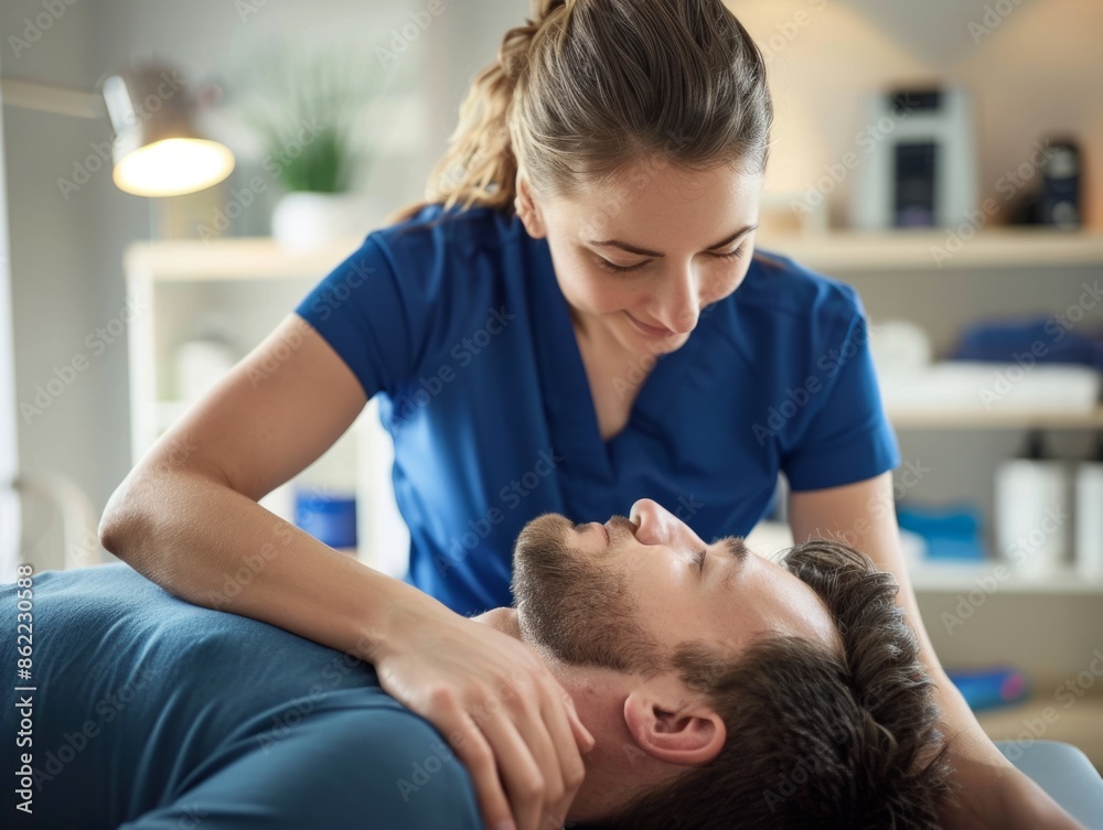 A photograph of a physiotherapist treating a client's neck in a bright and modern room A photograph of a physiotherapist treating a client's neck in a bright and modern room