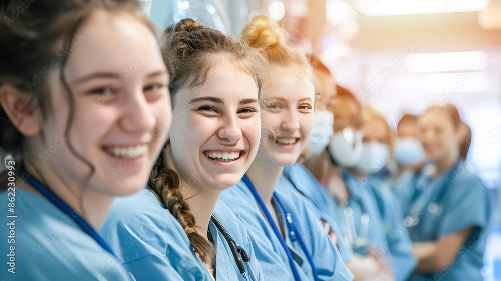 Portrait of a Smiling Group of Young Medical Students and Nurses Posing Together in a Hospital Environment Showcasing the Camaraderie and Dedication of the Healthcare Team
