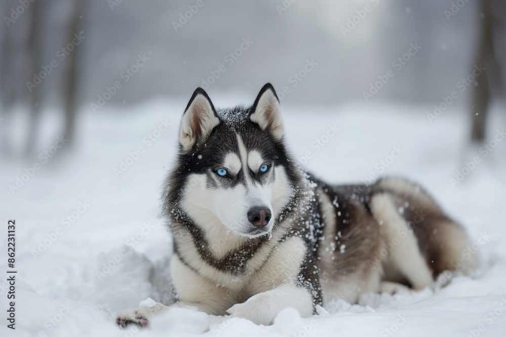 Siberian Husky lying in the snow with piercing blue eyes, embodying winter beauty Siberian Husky lying in the snow with piercing blue eyes, embodying winter beauty