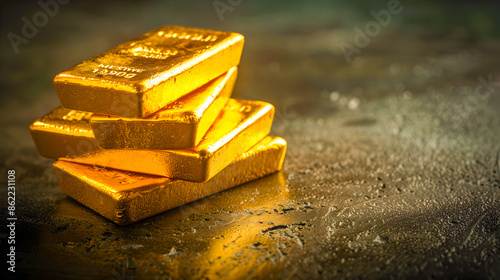 Stacks of pure shiny gold bullion bars on a dark background  This image represents the concept of business success financial prosperity wealth and investment opportunities © Suchanad