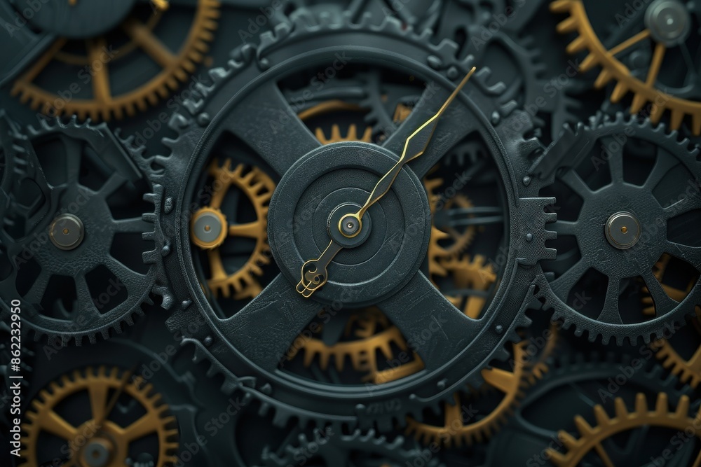 Close-up of intricate clock gears in black and gold, showcasing precision engineering and mechanical beauty. Close-up of intricate clock gears in black and gold, showcasing precision engineering and mechanical beauty.