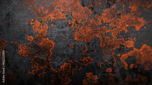 Close-up of rusted metal surface with detailed orange and black textures, showcasing natural corrosion patterns. photo