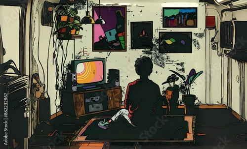 a boy in the private room on holiday in the vintage poster 