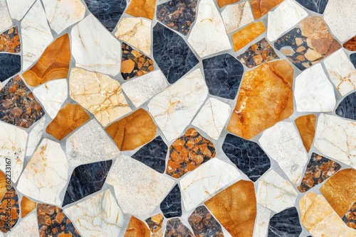 Colorful mosaic stone wall texture with various shapes and sizes in natural tones, perfect for backgrounds and design elements. photo