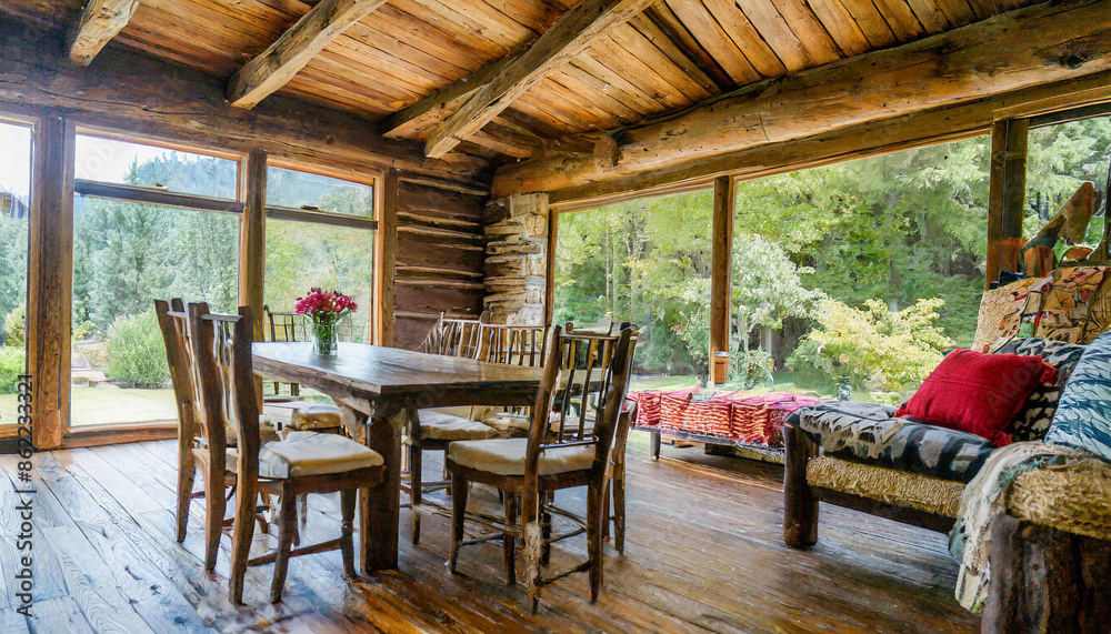 Fototapeta premium rustic, log, log cabin, room, home, furniture, house, window, design, lamp, architecture, wall, decor, wood, living, light, indoor, comfortable, floor, pillow