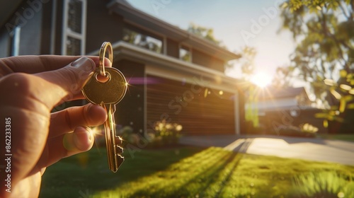 Obraz na płótnie Hand holding house key in front of a new home, sunny day. Real estate and homeownership concept w salonie