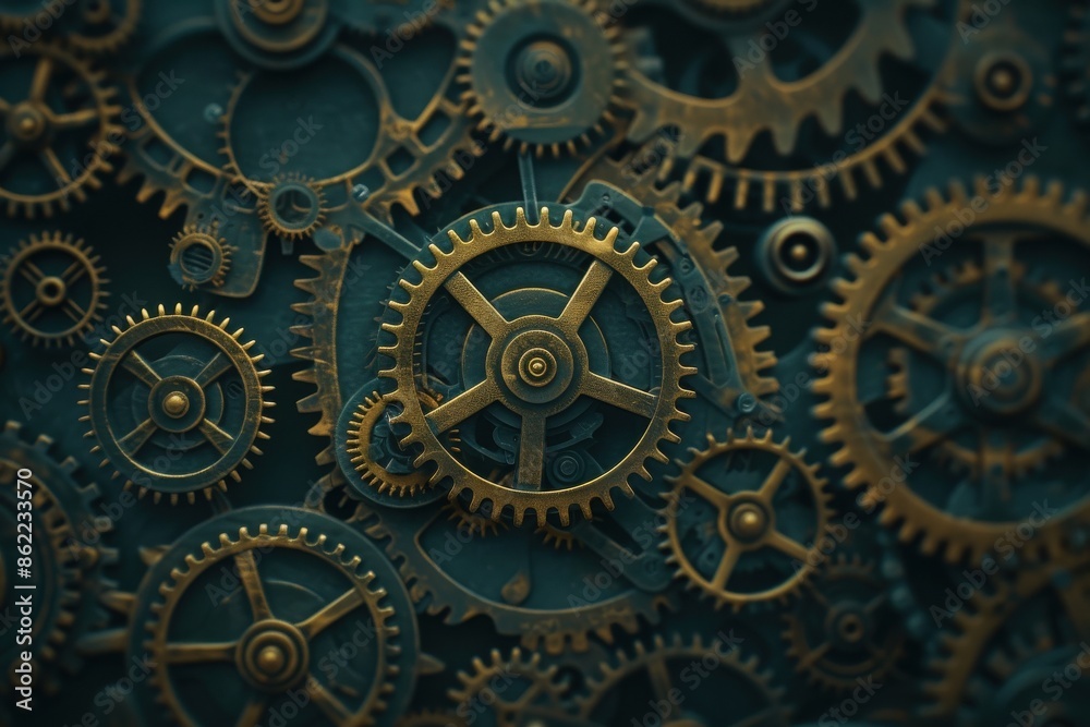 Intricate arrangement of brass gears and cogs showcasing mechanical precision and steampunk aesthetics. Industrial background concept. Intricate arrangement of brass gears and cogs showcasing mechanical precision and steampunk aesthetics. Industrial background concept.