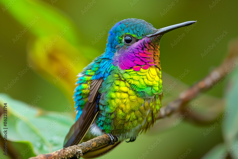 Fototapeta premium Fiery-throated Hummingbird in a highland forest setting, native to Costa Rica