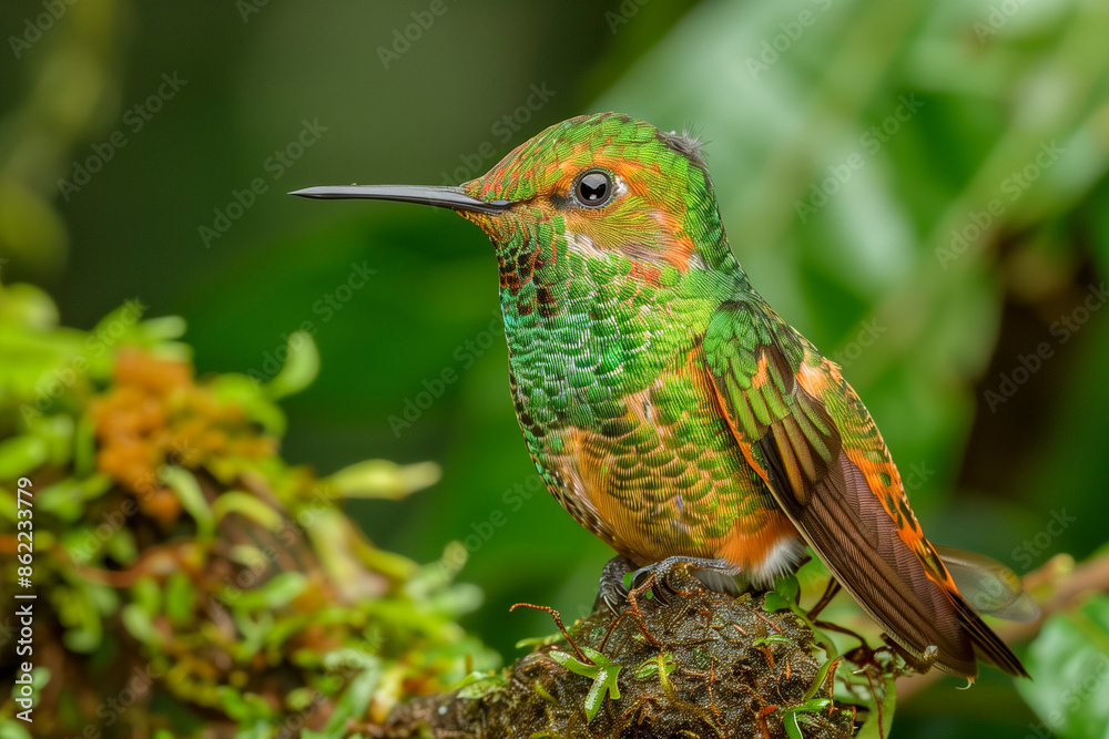 Fototapeta premium Speckled Hummingbird in a cloud forest setting, native to Ecuador