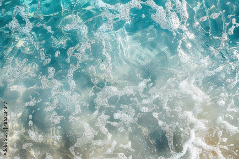 Fototapeta premium Rippled clear blue water with bubbles background. Transparent aquatic surface texture