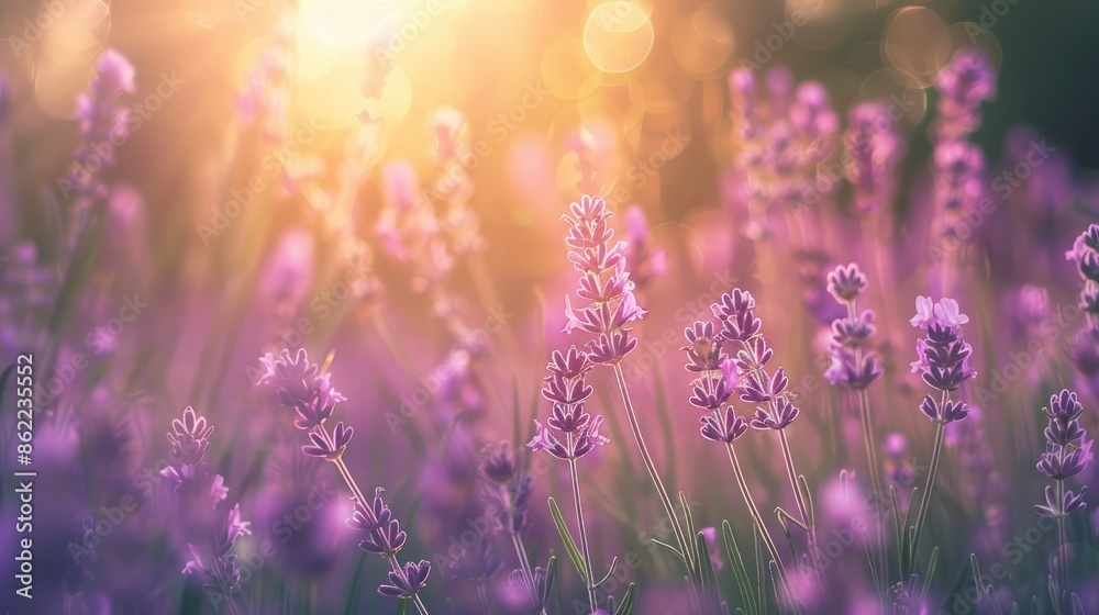Obraz premium Purple lavender flowers blooming in meadows with green grass violet blooms in summer blurry natural backdrop toned image with soft focus artistic photography