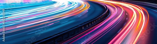 Vibrant long exposure light trails on a highway at night, showcasing dynamic motion and vivid colors in a fast-paced urban environment. © Chanoknan