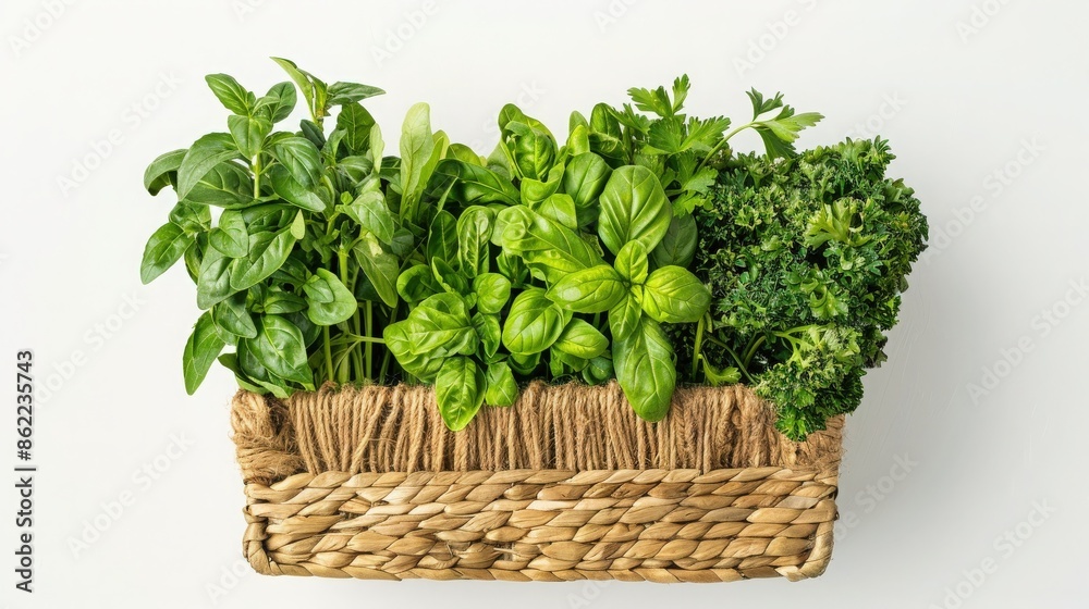 Naklejka premium A basket filled with fresh green herbs including basil, mint, and parsley, displayed on a white background.