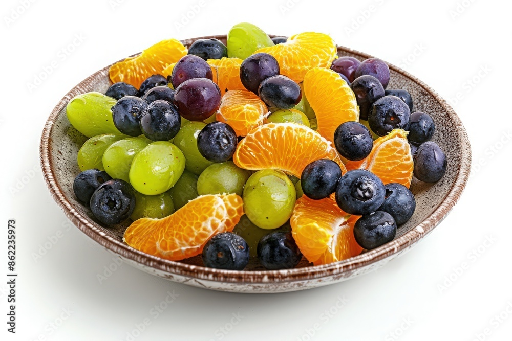 A vibrant bowl of mixed fruits featuring green grapes, blueberries, and tangerine slices, perfect for a healthy snack or colorful decoration. A vibrant bowl of mixed fruits featuring green grapes, blueberries, and tangerine slices, perfect for a healthy snack or colorful decoration.