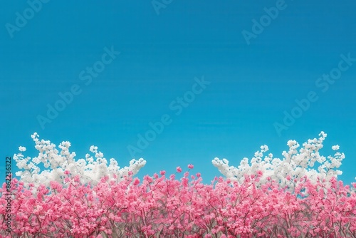 Blossoming pink and white flowers under a bright blue sky, perfect for springtime themed designs and nature-related projects. © Jeannaa