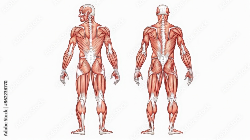 Detailed anatomical illustration depicting the human muscular system from the front and back views, showcasing muscle structure and arrangement. Detailed anatomical illustration depicting the human muscular system from the front and back views, showcasing muscle structure and arrangement.