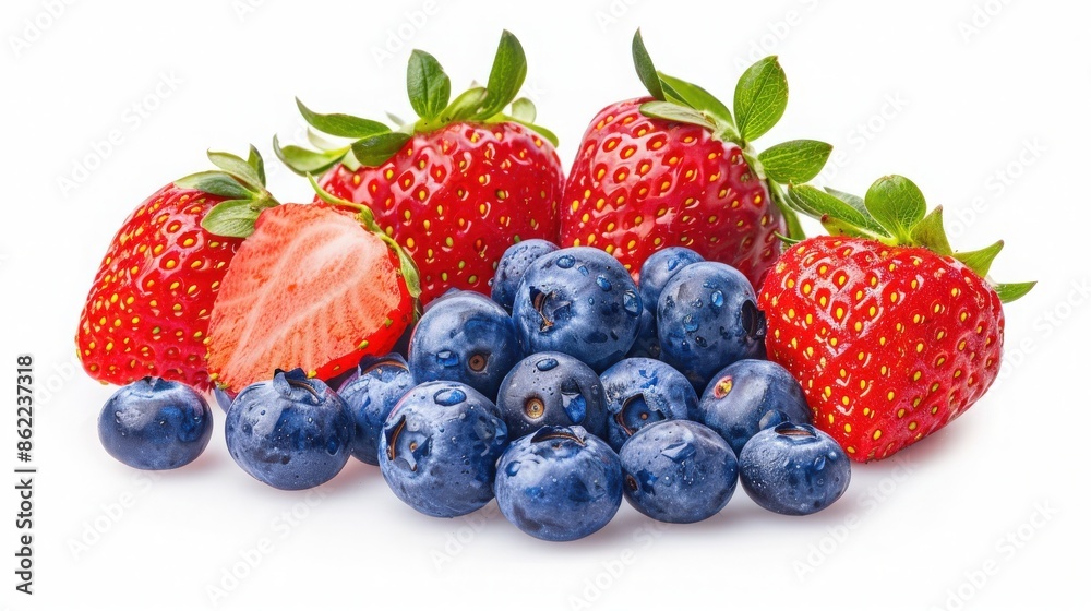 Fresh strawberries and blueberries isolated on a white background. Perfect for food blogs, magazine spreads, or healthy eating promotions. Fresh strawberries and blueberries isolated on a white background. Perfect for food blogs, magazine spreads, or healthy eating promotions.
