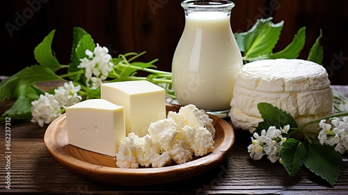 Milk and several types of cheese and cottage cheese on a wooden table photo