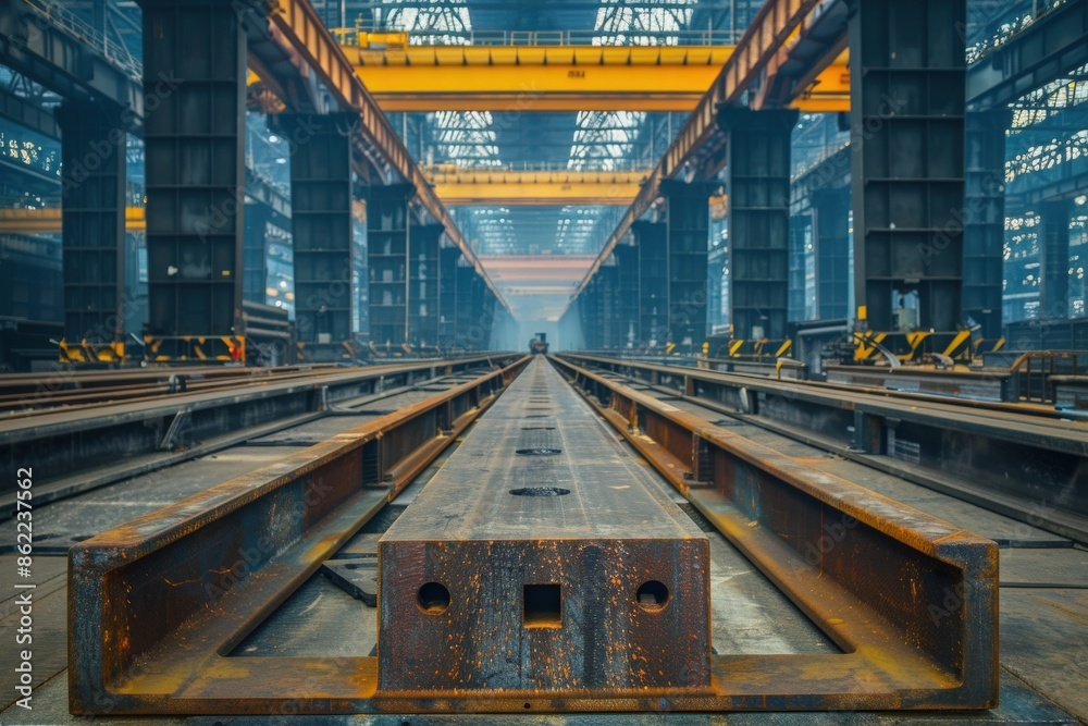 Industrial interior of a steel factory with metal beams and overhead ...