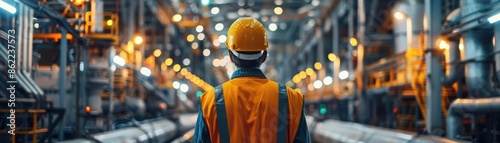 Worker in a hard hat and safety vest inspecting a brightly lit industrial factory, focusing on machinery and equipment maintenance.