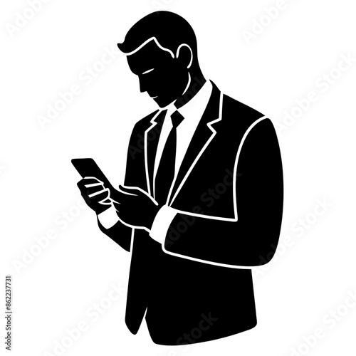 Business man browsing cell phone vector silhouette, white background (22)