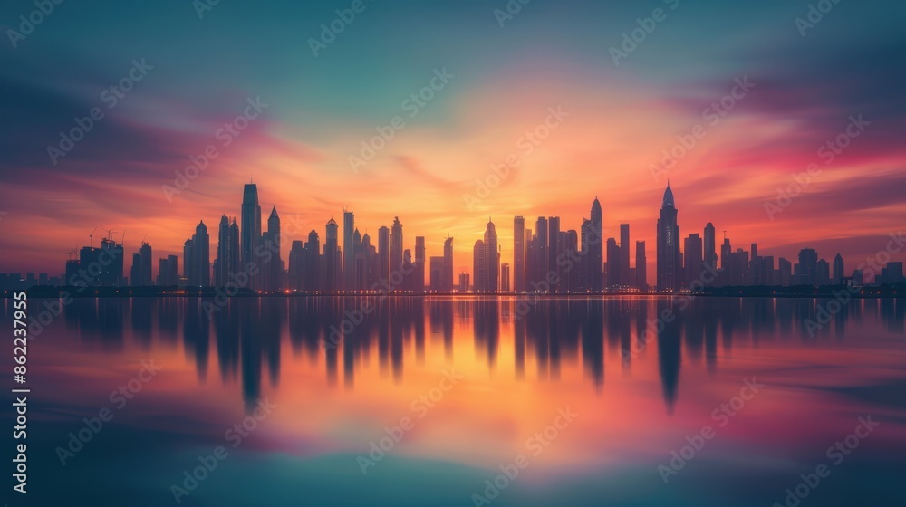 Stunning city skyline at sunset with vibrant colors and reflections in the water. Perfect urban landscape photography for backgrounds or prints. Stunning city skyline at sunset with vibrant colors and reflections in the water. Perfect urban landscape photography for backgrounds or prints.