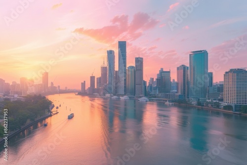 Wallpaper Mural Stunning sunrise over a city skyline with reflection on the river and vibrant colors in the sky, capturing urban beauty and tranquility. Torontodigital.ca