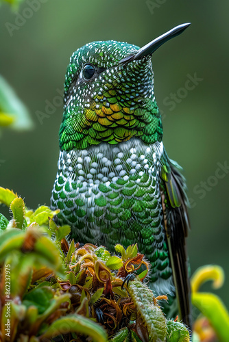  Speckled Hummingbird in a cloud forest setting, native to Ecuador photo