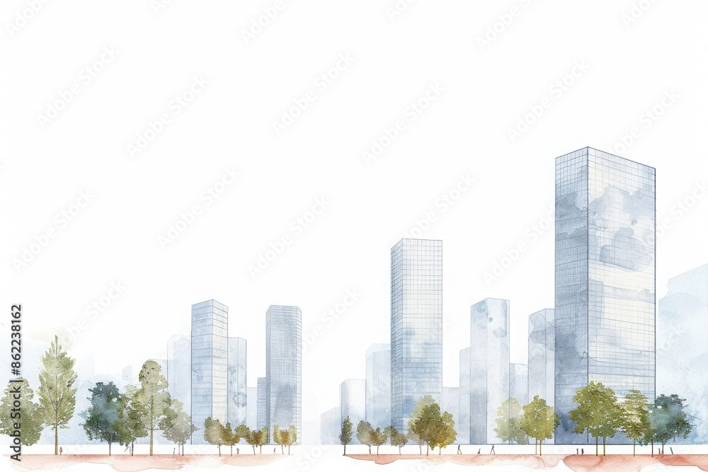 Obraz premium Watercolor illustration of an urban cityscape with modern skyscrapers and green trees, showcasing a harmonious blend of nature and architecture.