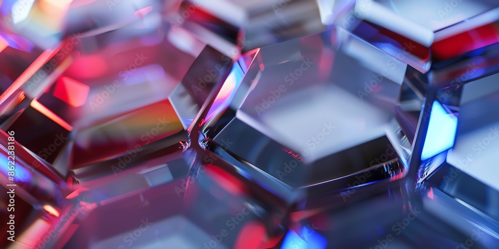 extreme macro photo of clean HEAXGON polished glass, edges with light from four different colors, blurred, warmcore, light red and indigo, grey background, natural colors, depth of field, 2:1 extreme macro photo of clean HEAXGON polished glass, edges with light from four different colors, blurred, warmcore, light red and indigo, grey background, natural colors, depth of field, 2:1
