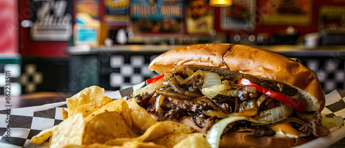 Philly cheesesteak, melted cheese, onions, peppers, chips in busy deli with checkered floors.