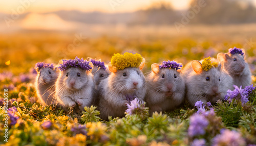 Hamster running among the flower fields